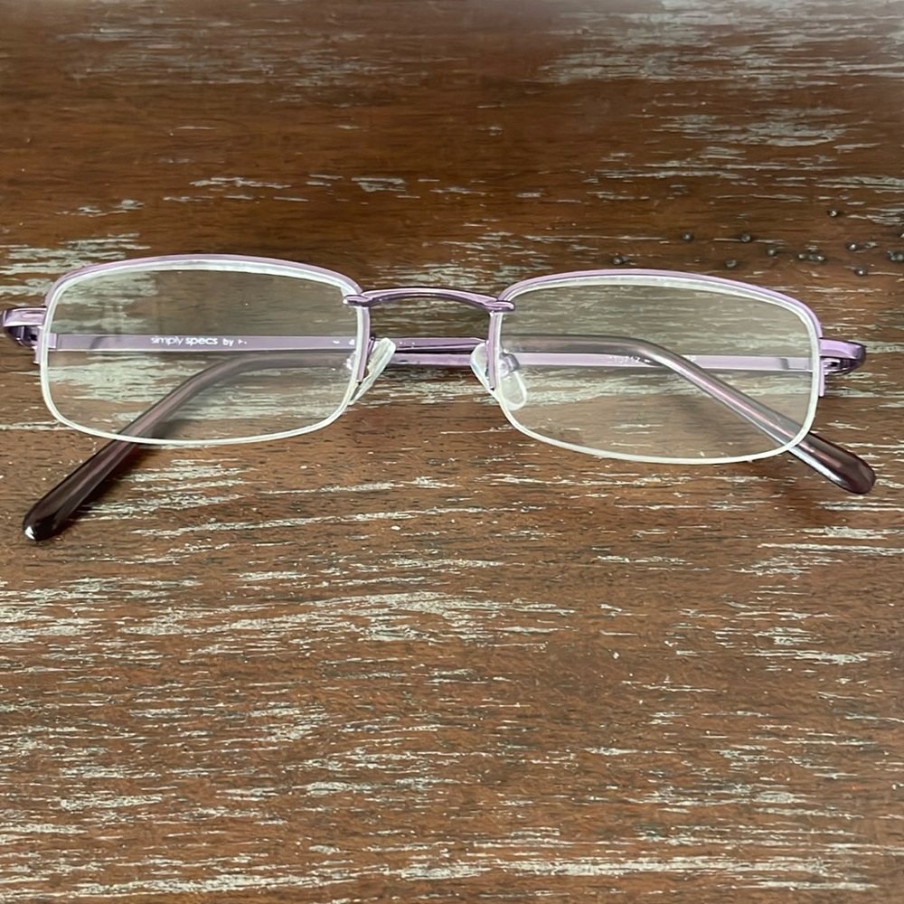Simply Specs by Foster Grant mason purple half rim reader eyeglasses.